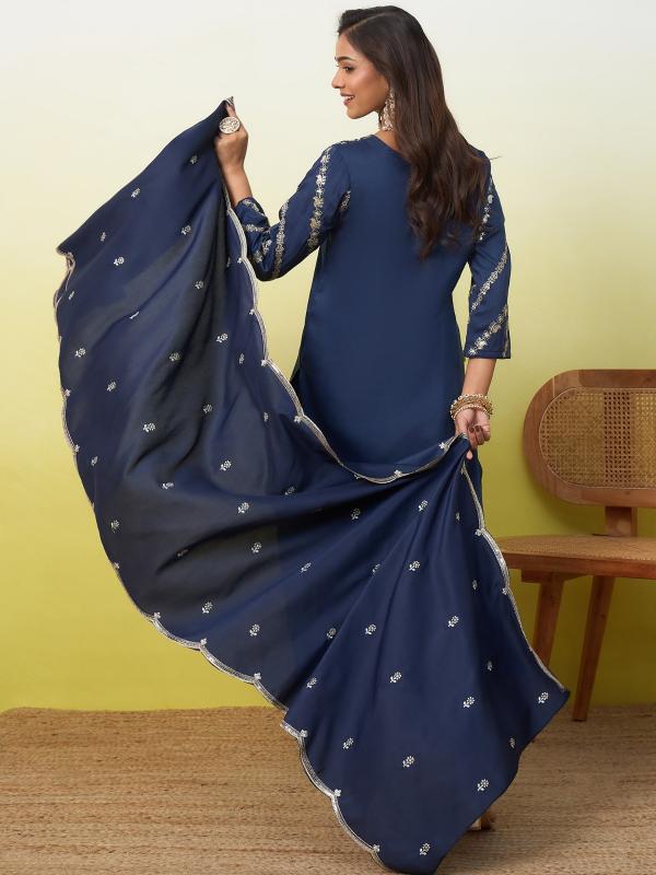 VP 9891 T Women’s Mal chanderi Straight Kurta Pent Dupatta Sets  | 3pcs Ethnic Set